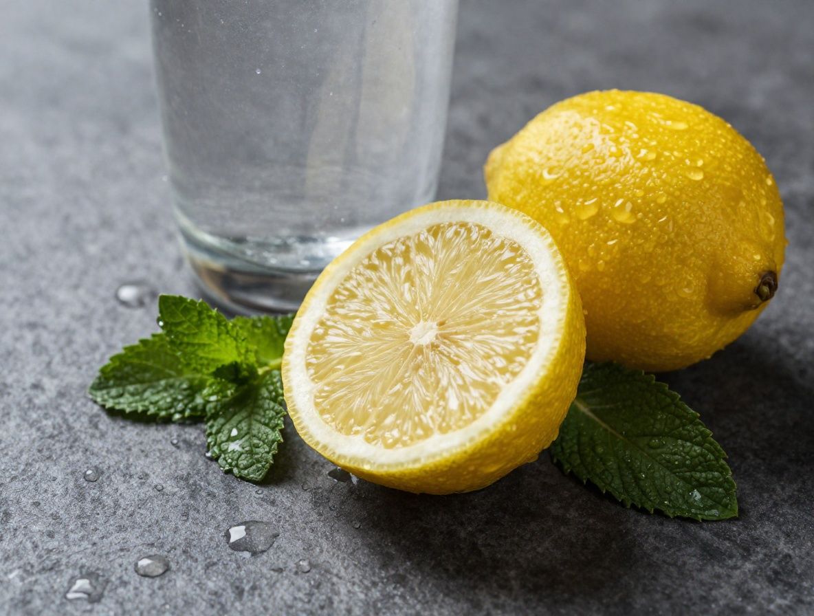 Vaso de agua cristalina con rodajas de limón y hojas de menta, gotas de agua sobre superficie de piedra oscura, luz natural lateral