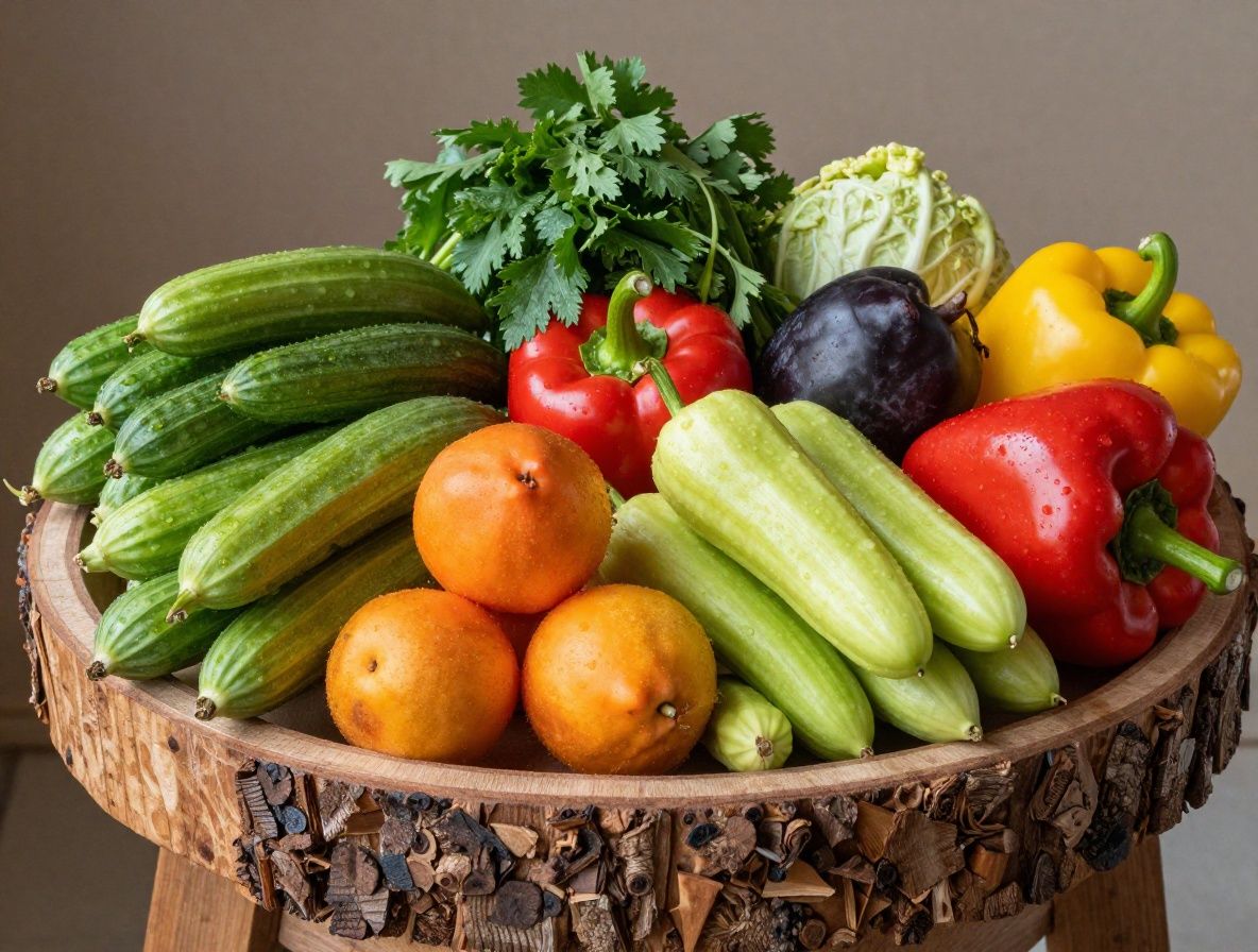 Variedad de frutas y verduras frescas coloridas sobre una superficie de madera natural, incluyendo verduras de hoja verde, pimientos y frutos del bosque