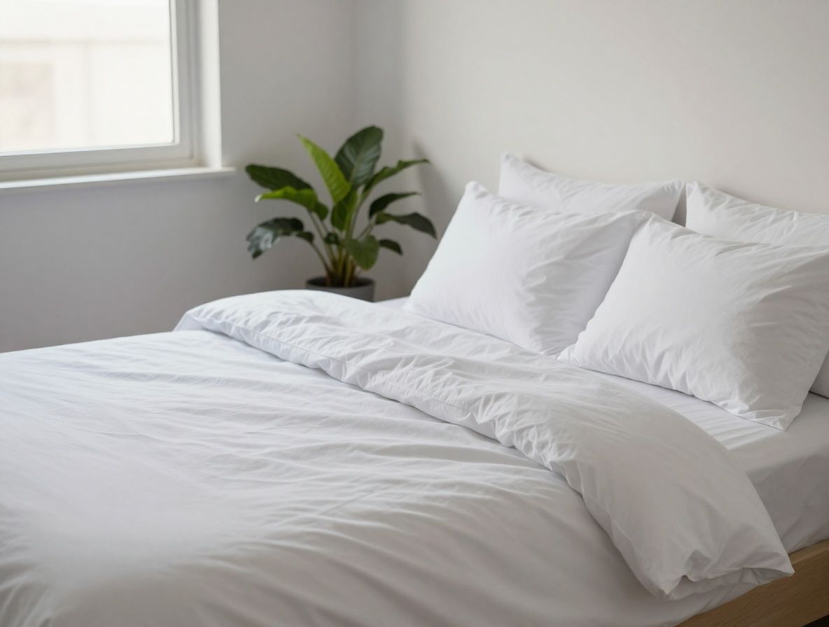 Habitación tranquila con luz tenue al atardecer, cama con ropa de cama blanca y ordenada, planta verde junto a la ventana, ambiente de reposo