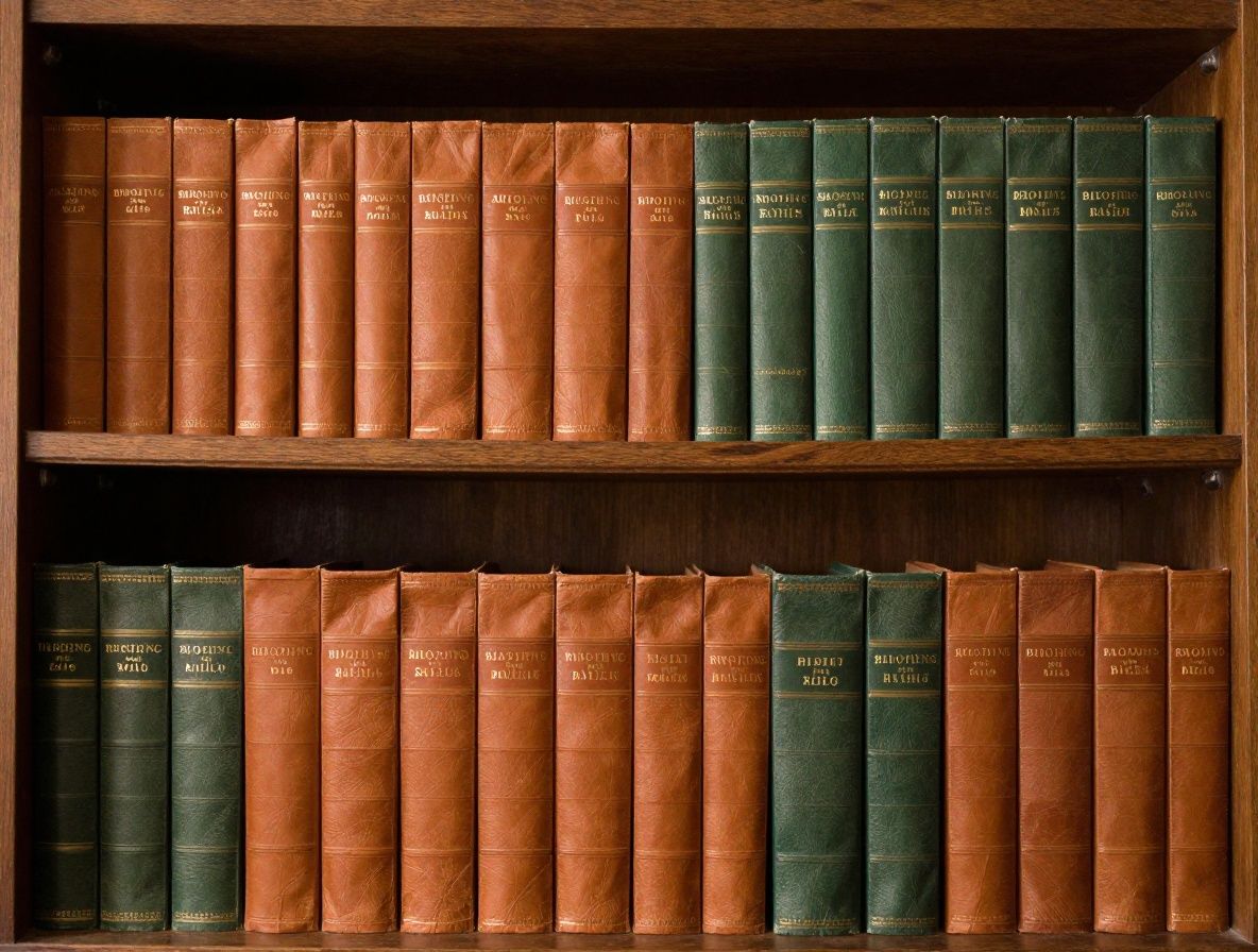 Estantería con libros antiguos encuadernados en cuero en tonos ocres y verdes oscuros, con luz suave lateral, ambiente de biblioteca académica